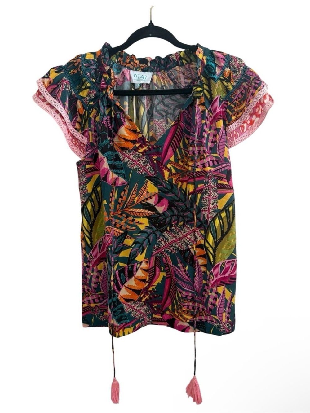 NEW Taj by Sabrina Printed Colorful Tropical Floral Tassel Blouse Top XS Boho